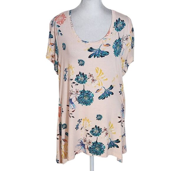 Style & Co. Pink Floral Short-Sleeve Tee with Handkerchief Hem Size Large - Picture 1 of 10